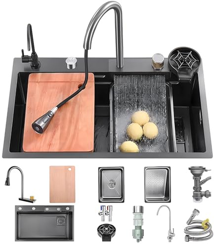 KOOGIMDDR Kitchen Sink for the Workplace 68x45cm with Waterfall Tap, Stainless Steel Sink Black Made of Stainless Steel for Home Use, High-Pressure Spray, Cutting Board, Draining Basket and