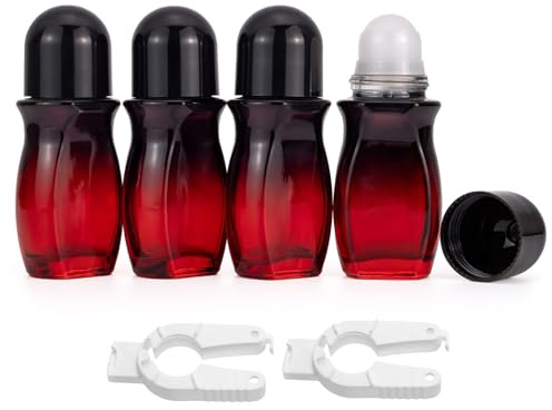 Pxyelec 50 ML Gradient Red Roll On Bottles Roller Ball Deodorant Container with Black Cap and 2 PCS Opener 4 PCS Glass Roller Bottles for Essential Oils Perfume