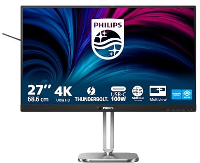 Philips 27B2U6903 - Monitor Ultra HD da 27 pollici, altezza regolabile, altoparlanti (3840x2160, 60 Hz, 2x HDMI, DisplayPort, Thunderbolt 4, RJ45, USB Hub) nero grigio