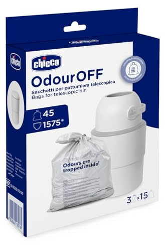 Chicco Bolsas para Contenedor para Pañales con Sistema Antiolores, Bolsas Cubo de Basura de Pañales, Material Robusto de Tres Capas, Retiene los Malos Olores, 45 piezas, 3 rollos de 15 piezas cada uno