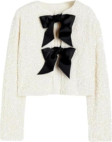 Women's Long Sleeve Split Lapel Casual Jacket Bow Sequin Coat Christmas Sparkling Party Y2k Top Sexy Sequin Short Jacket Tie-Front Cropped Top Party Concert Night Metallic Festival Outfit