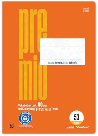 Staufen premio Cuaderno de ejercicios de vocabulario - 5 cuadernos, 24 hojas cada uno, DIN A4, regla tamaño 53 (con línea central), papel reciclado de 90 g/m