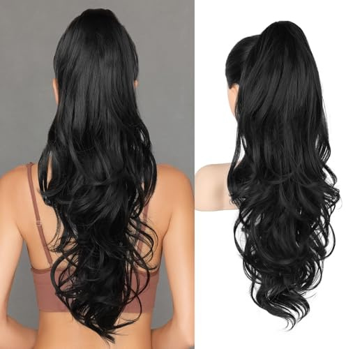 FLUFYMOOZ Ponytail Extension, 66cm Pferdeschwanzverlängerung lange, gewellte, lockige Klauen Clip in Pferdeschwanz Haarverlängerung, synthetisches Haarteil für Frauen-Naturschwarz