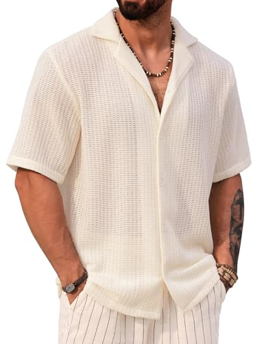 Herberton Mens Trendy Button Down Shirt Crochet Shirt Knit Hawaiian Collared Hollow Out Short Sleeve Top White M