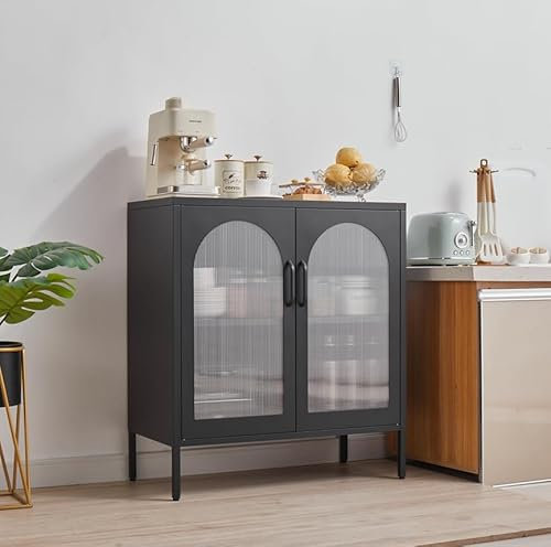 FURSTEL Buffet Cabinet, Modern Industrial Style Sideboard Buffet Cabinet, with Adjustable Shelves Credenza for Living Kitchen Dining Farmhouse, 15.8 L x 27.6 W x 35 H Black