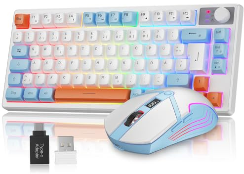 Rewurnth 75% Tastatur und Maus Set Kabelloses, QWERTZ DE Layout Kompakte Gaming Tastatur mit Lautstärkeregler, Wiederaufladbare RGB Maus mit Akkuanzeige, Für PC Mac Xbox PS5
