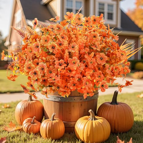 Alupssuc 24Paquetes de Flores Artificiales Otoño para Exterior, Resistentes Rayos UV, Eucalipto, Violetas y Lavanda, Seda Flores, para Jardines, Porches, Ventanas Decoración, Atardecer Naranja y Otoño
