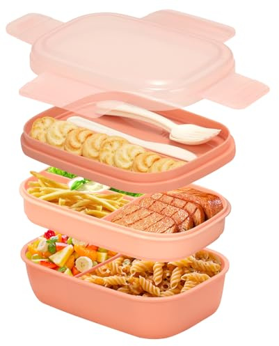 Cozary Lunch Box pour Adultes, 1900ML Boite Repas avec Compartiments et Couverts, 3 Étages Bento Box, Sans BPA, Anti-Fuite, Micro Ondes, Rose