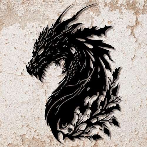 LIYAOLI 3D-Drachen-Wandkunst, schwarzes Metall, Drachenkopf-Skulptur für Männer, Höhle, westliche Raumdekoration, einzigartige Fantasy-Geschenke für mittelalterliche Dekorationen, Schlafzimmer und