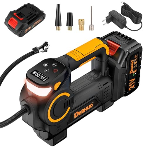 Compressore a batteria con batteria da 21 V, 1500 mAh, portatile, con manometro digitale, senza fili, compressore d'aria elettrico per auto, moto, bicicletta, palloni sportivi