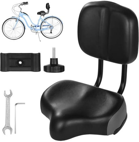 YOFAPA Fahrradsattel mit Rückenlehne, großer Fahrradsattel mit Rückenstütze, breiter gepolsterter PU-Sattel, universeller Sattel-Ersatz für Dreiräder, höhenverstellbar, Schwarz-Grau