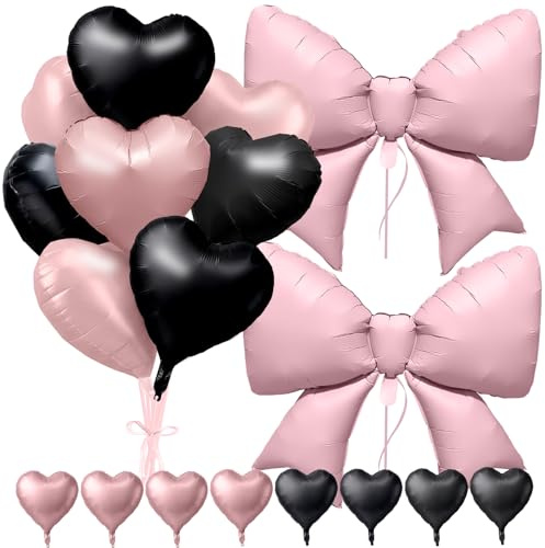 Ensemble Déco Fête Ballons Cœur Rose & Noir : Ballons Cœur Rose/Noir 18 Pouces & Ballon Papillon 38 Pouces, Adapté Anniversaire, Saint-Valentin, Fiançailles, Baptême, Mariage