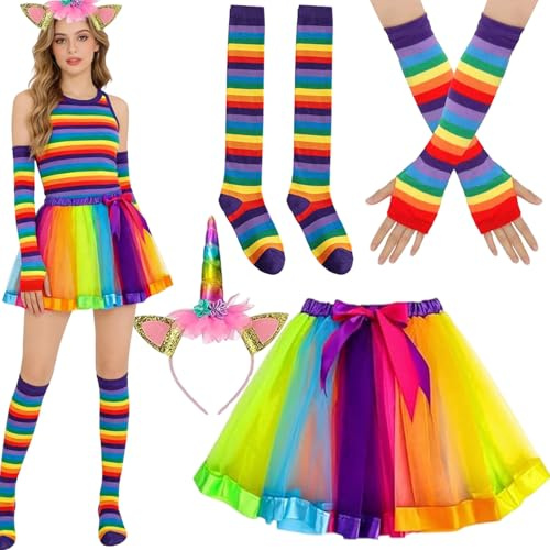 4Pcs Costume D'arc-En-Ciel Pour Femme, Costume de licorne Adulte avec Tête Licorne Colorées,Jupes Tulle Arc-en-Ciel, Chaussettes Arc-en-ciel Au Genou, Gants Sans Doigts, pour Carnaval et Fête à Thème