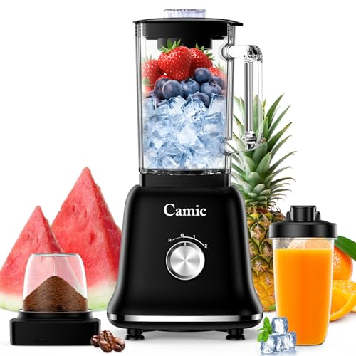 Camic Standmixer 1200W Hochleistungsmixer 3-in-1 | 1,6L Glasbehälter, 400ml Reisebecher, 200ml Mahlbecher, Abnehmbare Klinge, Impuls/2 Geschwindigkeiten