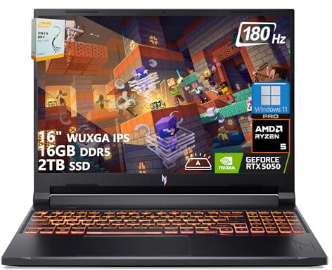 Acer Nitro V 16 AI Gaming Laptop | 16 WUXGA IPS 180Hz | AMD Hexa-Core Ryzen 5 240 | 16GB DDR5 2TB SSD | GeForce RTX 5050 8GB DLSS4 (Up to 440 AI Tops) | Backlit Keyboard Win11 Pro w/DLCA Accessory