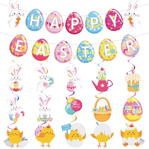 Lemicin Happy Easter Banner and Egg Bunny Chicken Hanging Ceiling Swirl for Home Easter Party Decorations Supplies