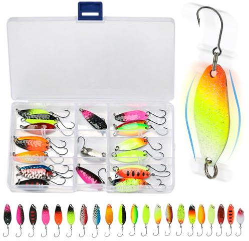 Generisch Löffelblinker 21 Stück mit Haken, Jigging Angelköder für Süß- und Salzwasser, ideal für Flüsse, Seen, Teiche, Nacht- und Morgenangeln, robust aus Kohlenstoffstahl