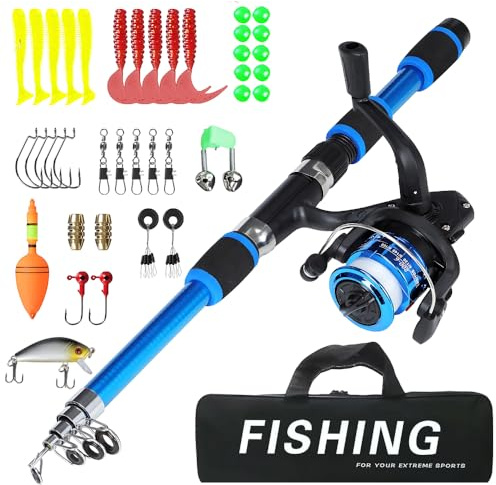 Kids Fishing Rod Starter Set, 45-180cm Telescopic Fishing Rod and Reel Set Includes Soft Lures Line Hooks Carrier Bag, Kids Fishing Rod Set Starter Kit for Girls Boys Youth