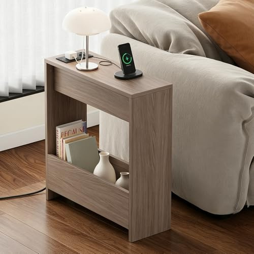 Rainbow Tree 20cm Narrow Side Table with Charging Station, End Table with Magazine Rack for Living Room, Portable Snack Coffee Table Bedside Tables (Grey Oak with Charging Station)