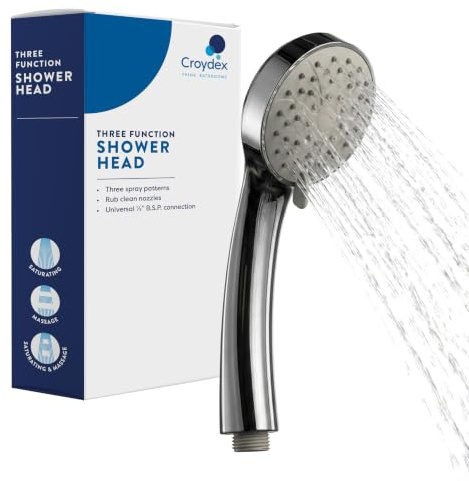 Croydex Essentials Three Function Shower Handset with Rub Clean Nozzles, Chrome, 198 x 87 x 72.2mm (HxWxD)