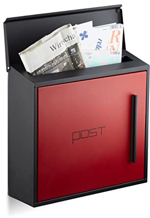 Relaxdays Briefkasten rot modern Zweifarben Design, DIN-A4 Einwurf, Stahl, groß, HxBxT: 33 x 35 x 12,5 cm, schwarz-rot