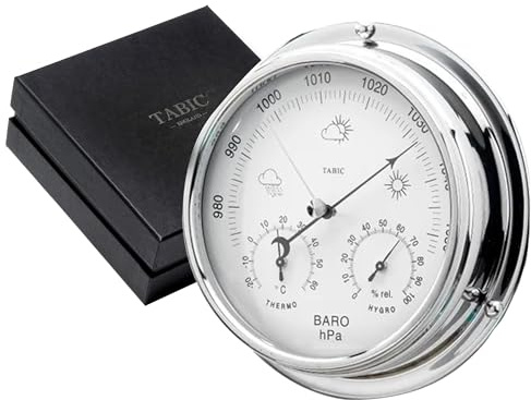 Tabic Chrome Barometer with built in Hygrometer and Thermometer, Heavy Chrome Plated Brass Case (1/2kg), Handmade In England