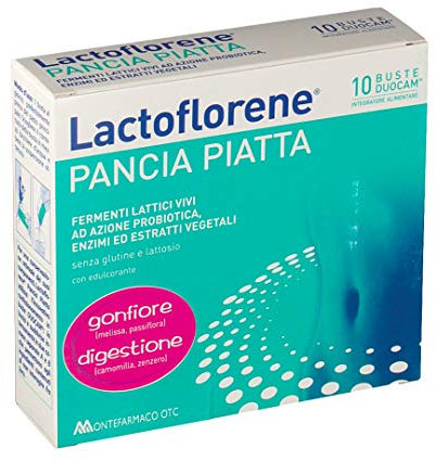 Lactoflorene Pancia Piatta 10 Bustine DUOCAM - Integratore a base di fermenti lattici vivi, enzimi ed estratti vegetali.