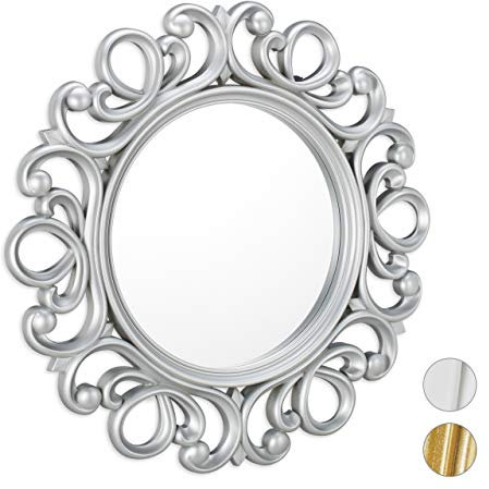 relaxdays Specchio Decorativo Rotondo, da Parete, con Cornice, Ingresso, Bagno, Camera, Salotto, Ø 50 cm, Argento
