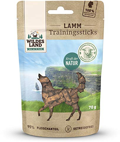 WILDES LAND – Trainingssticks Lamm | Hundesnack mit natürlichen Zutaten und extra hohem Fleischanteil für ausgewachsene Hunde. Getreidefreier Trainingssnack ohne Zusatzstoffe im Beutel | 8x70g Lamm