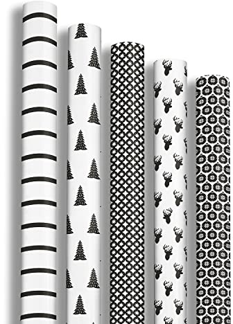 Clairefontaine 211424AMZC – 12 rollos de papel de regalo – Papel Excellia 80 g – Dimensiones: 2 x 0,70 m – Diseño: Navidad, negro y blanco, zafiros, bolas de Navidad, ciervo – Embalaje de regalo