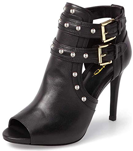 XYD Women Chic Studs Peep Toe Ankle Bootie High Heel Pumps Buckled Double Straps Cutout Fashion Party Shoes (Black Leather, Size 12)