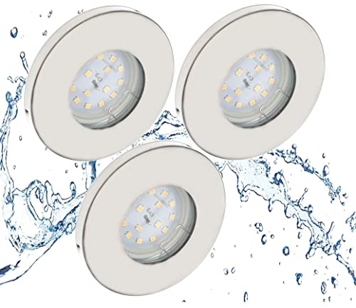 Trango Set de 3 focos empotrables IP65 6729IP65-032MO de acero inoxidable cepillado incl. 3x 5 Watt 3000K blanco cálido Módulo LED ultraplano, focos de techo ducha, lámpara de techo, lámpara de baño