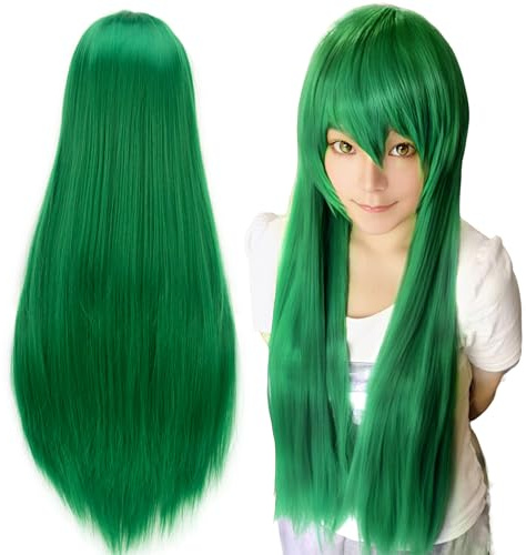 IMISSU 80 cm langes glattes Naturhaar Cosplay Perücken mit Pony Bunt Halloween Kostüm Party Perücke Haarverlängerungen (Hell Grün)