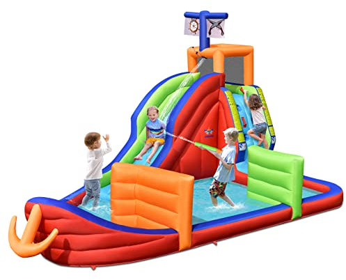 GOPLUS Aufblasbarer Wasserpark, Hüpfburg mit Wasserrutsche, Kletterwand, Planschbecken, 3 Wasserpistolen & Zielspiel, mit Tragetasche für 3-10 Jahre, 460x310x290 cm (Kaper, Ohne Gebläse)