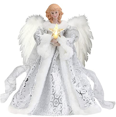 Topper d'Noël d'ange avec Plumes Ailes - 30x25cm Ange Noël Haut du Sapin Noël Lumineuse - Cime Sapin Noel Ange avec des Lumières pour Les Ornements d'Noël Fête Noël