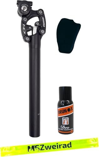 Suntour Federsattelstütze SP12/25-NCX Durchmesser 27,2mm/30,9mm/31,6mm, Länge 400mm,Gewicht 65-95kg, 95-120kg Parallelogramm inklusive Brunox Deo und MSZweirad Reflexband (95-120 kg, 30,9 mm)