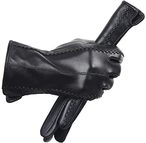 Farbige Mode Lederhandschuhe, hochwertige Lederhandschuhe Damen, Echtleder-Winterhandschuhe, hält warm, Damen-Lederhandschuhe, schwarz, 7,5