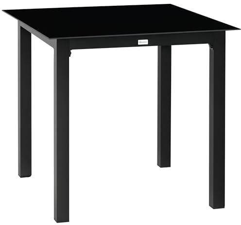 Outsunny Mesa de jardín cuadrada mesa de comedor exterior para 4 personas con tapa de cristal templado y marco de aluminio 80 x 80 x 74 cm, color negro