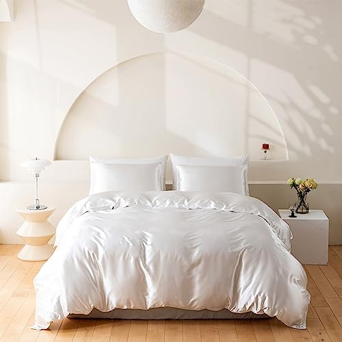 Wotcsil Satin Bettwäsche 135x200 Weiß Damast Seidenbettwäsche Bettwäsche 135x200 Satin Seiden Bettbezug Set Seidige Uni Einfarbig Polyester Seide Bettbezug Mit Kissenbezug