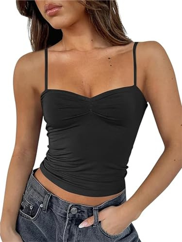 FOFAINWE Ärmlös hjärtformad urringning crop tank toppar rygglös spagettiremmar plissé bustier Y2K Camis utekväll topp, svart, XS