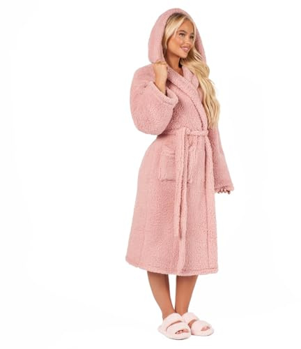 OHS Teddy Fleece Dressing Gown Womens, Mothers Day Gifts Bathrobe with Hood & Pockets Soft Warm Comfy Luxury Oversized Fluffy Ladies Dressing Gowns, Blush Pink One Size