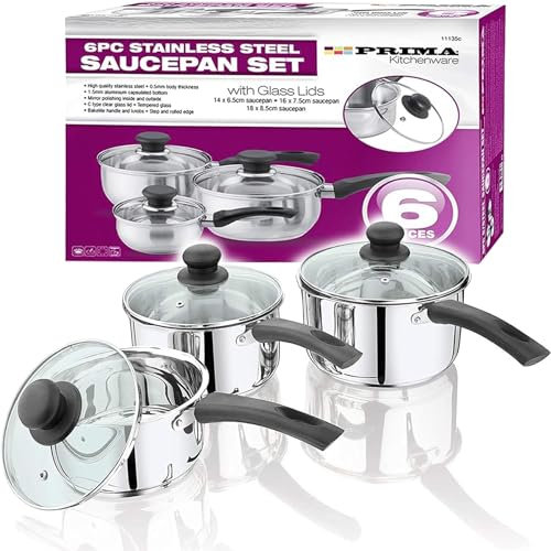 Buystarget 6 Pcs Stainless Steel Saucepan Set Sauce Pan Cooking Pots + Glass Lids For All Cooking Hobs Induction Gas Electric Cooker Cool Touch Sturdy Handles Cook Home Chef Kitchen Cookware Stock Pot