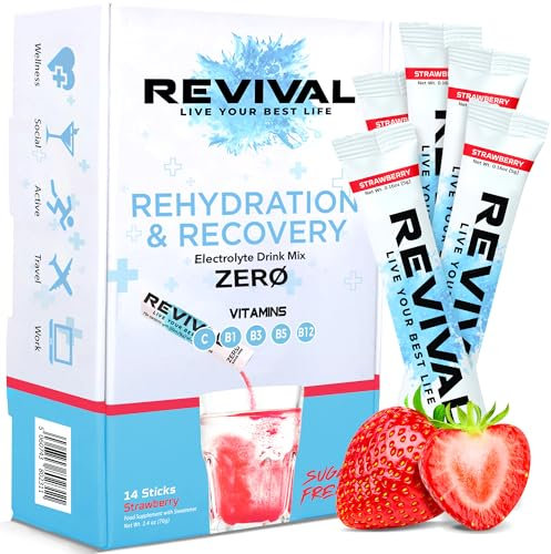 Revival Zero Rehydration Electrolytes Powder - Sugar Free Hydration Sachet Drink with Vitamins C, B1, B3, B5, B12-14 Pack Strawberry