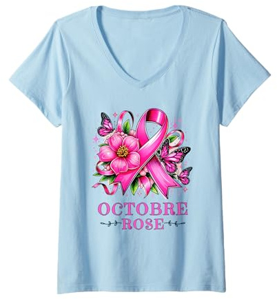 Femme Sensibilisation Cancer Du Sein Octobre Rose 2026 Ruban Rose T-Shirt avec Col en V