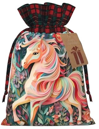 Personalisierte Weihnachts-Geschenktüten, rosa Papierschnitt, Einhorn-Druck, Weihnachtsmann-Verpackung mit Etiketten, wiederverwendbare Kordelzug-Süßigkeiten-Stoffsäcke für festliche Weihnachtsfeier