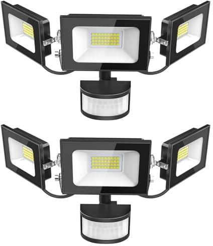 Bellanny 100W Faretto Led da Esterno, 10000LM 6500K Bianca Fredda Faro con Sensore di Movimento, IP65 Impermeabile Luci di sicurezza Proiettori a tre teste per Interno, Giardino, Garage, Cortile, 2pz