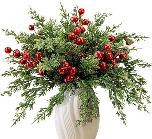 35 Stück Weihnachten künstliche Kiefer Zweige mit 10 Stück rote Beeren Stämme, 10,5 Zoll realistische immergrüne Norfolk Kiefer Stämme Weihnachtsdekoration, D-IY Weihnachtsbaum Girlande