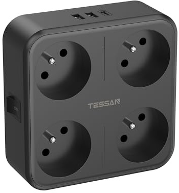 TESSAN Multiprise Murale Française 4 Prises avec 1 USB C et 2 USB A, Noir | Prise Multiple 4000W, 4 Prises Secteur avec Interrupteur et 3 USB, Compatible Téléphone Tablette Ordinateur, Maison Bureau