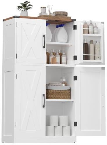 HOOBRO Bathroom Storage Cabinet, Farmhouse Freestanding Floor Cabinet with 2 Extra Hidden Storage Doors, Adjustable Shelves, Large Capacity, Easy Assembly, 11.8 x 23.6 x 43.5 Inches, White and Walnut
