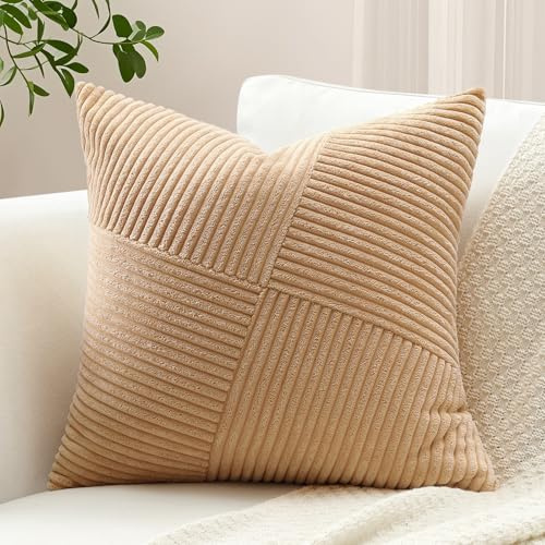 Sungeek Lot de 1 Housse de Coussin 40x40 cm en Velours Côtelé, Housse Coussins Patchwork à Rayures Pinwheel Doux Taies d'oreiller Décoratives pour Lit Canapé Chambre Salon, Marron Clair